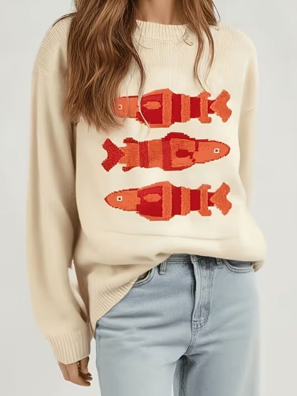 Orange Sardine Fish Jacquard Sweater